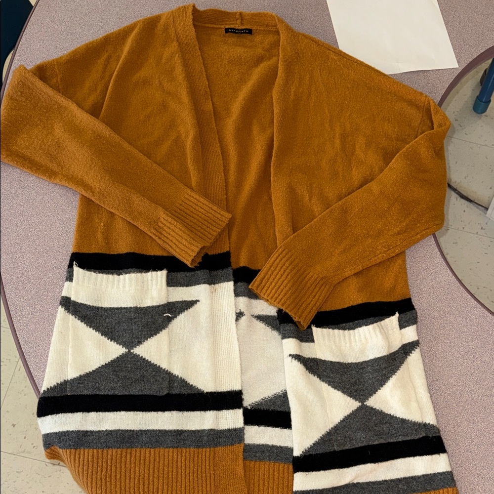 Staccato Mustard Cardigan with Black and White Geometric Design